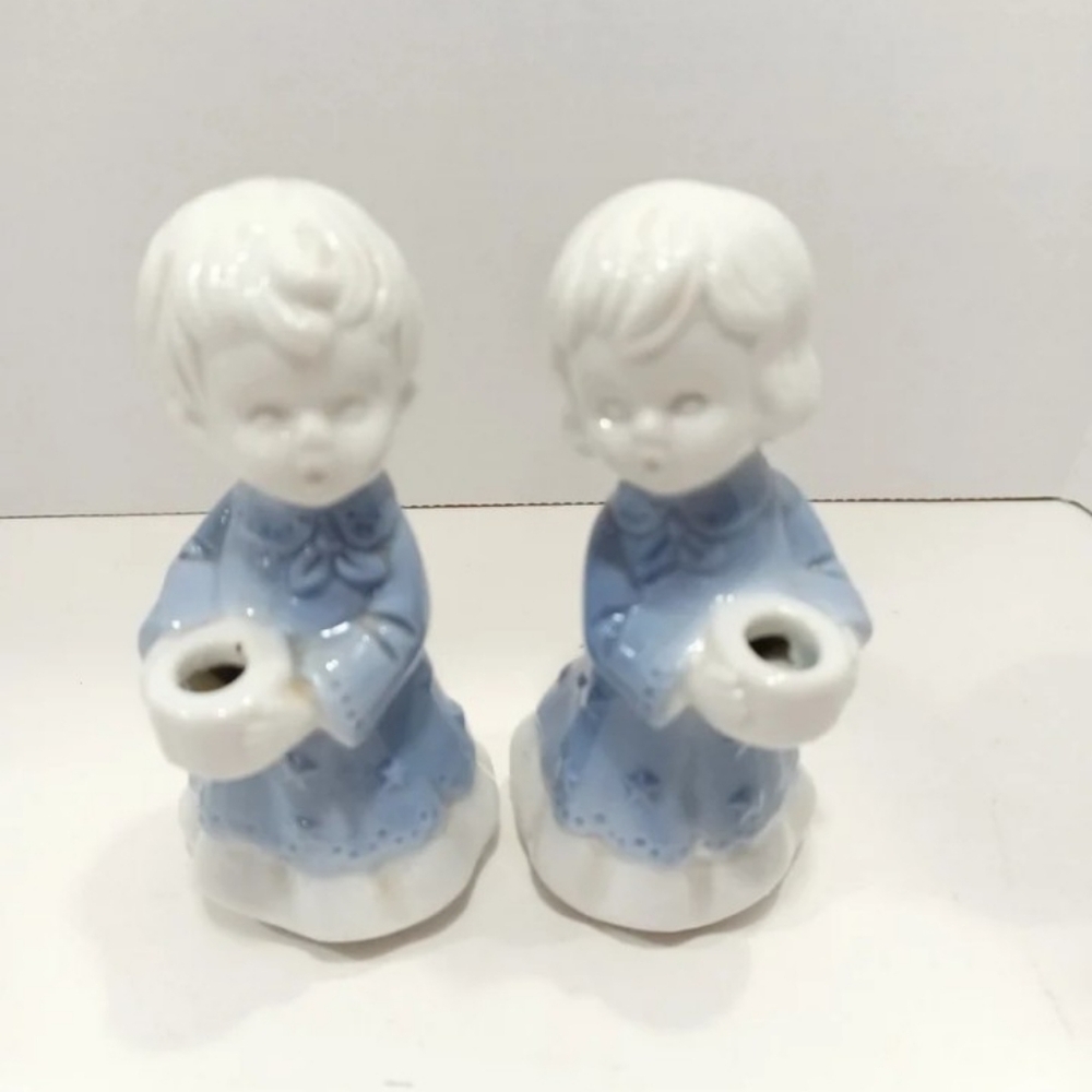 Vintage Choir Boy Girl Candle Stick Holder Set Christmas Blue White Porcelain